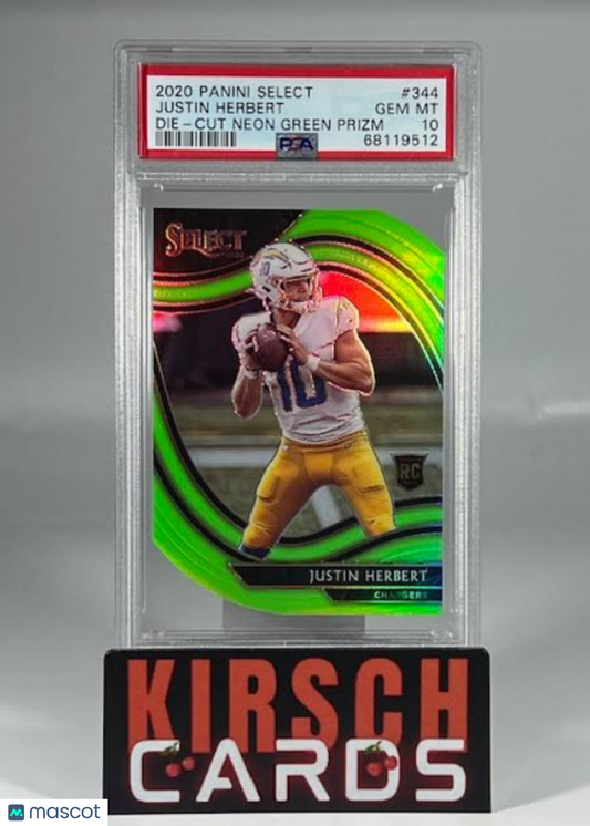 2020 Select Justin Herbert Prizm Die Cut Neon Green Field Level #344 PSA 10 RC