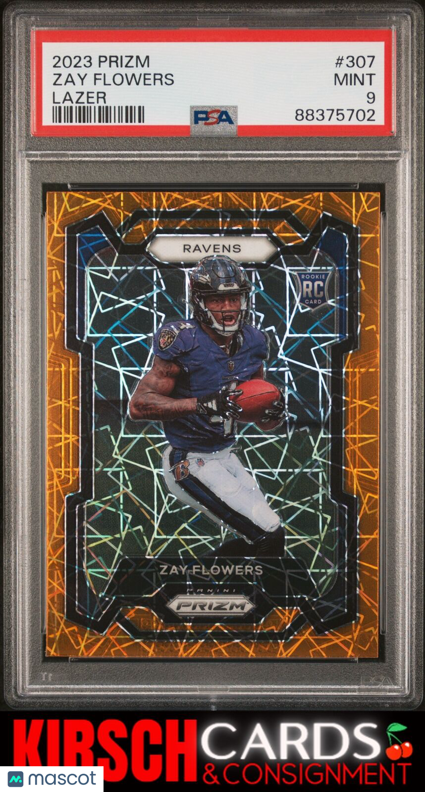 Zay Flowers 2023 Panini Prizm #307 Orange Lazer RC PSA 9