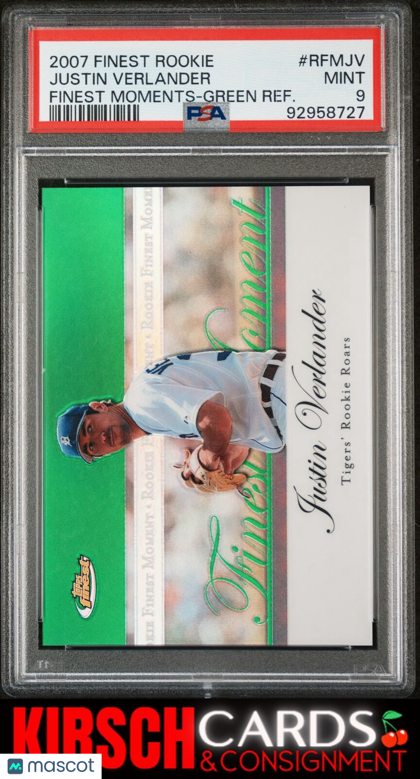 Justin Verlander 2007 Finest Rookie Moments #RFMJV Green Refractor /199 PSA 9