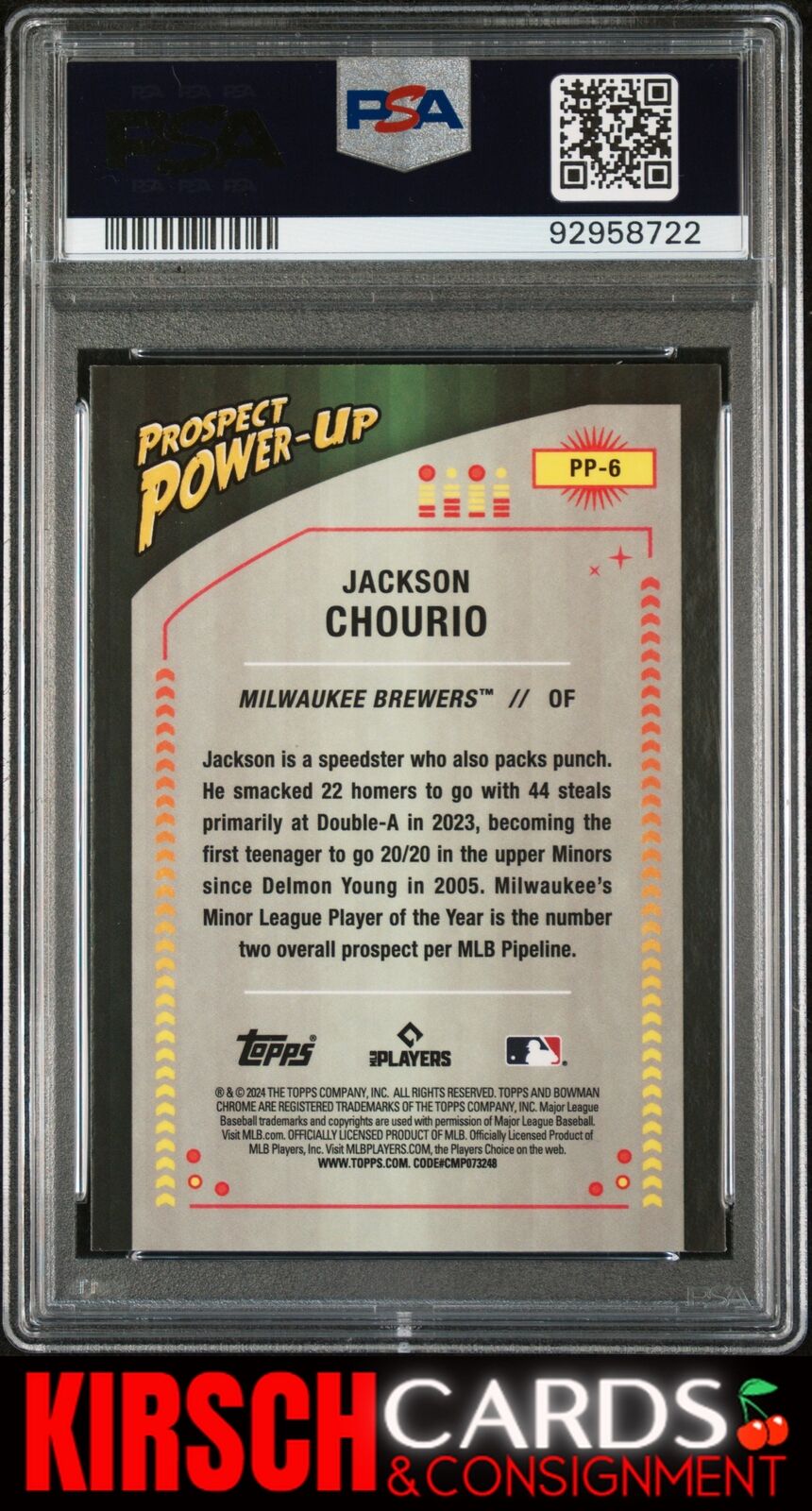 Jackson Chourio 2024 Bowman Prospect Power-Up #PP6 PSA 10 Milwaukee Brewers