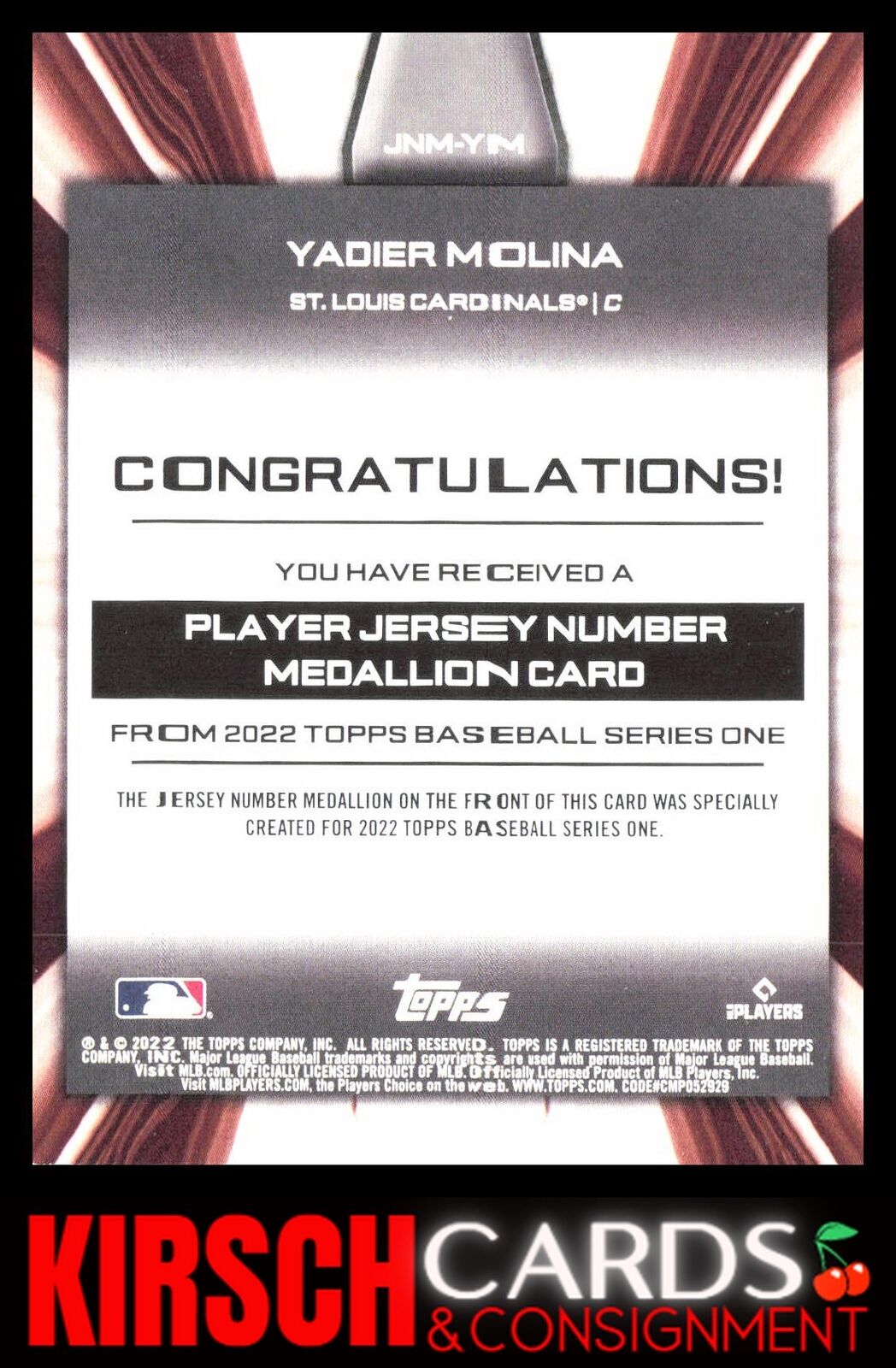 Yadier Molina 2022 Topps #JNM-YM Player Jersey # Medallion Commemorative Relics