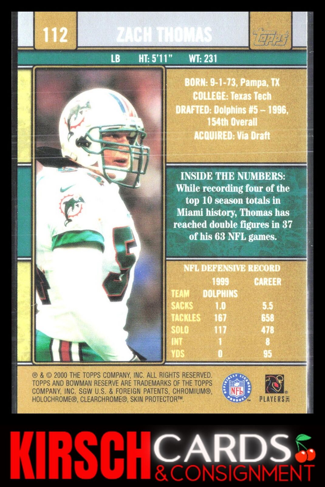 Zach Thomas 2000 Bowman Reserve #112 Miami Dolphins