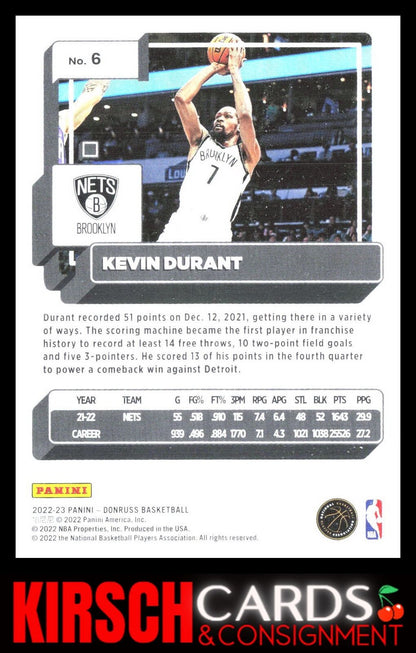 Kevin Durant 2022-23 Donruss #6 Brooklyn Nets