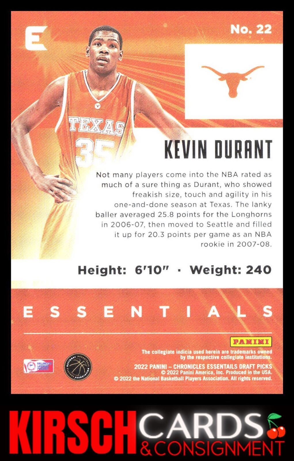 Kevin Durant 2022 Panini Chronicles Draft Picks #22 Essentials Texas Longhorns