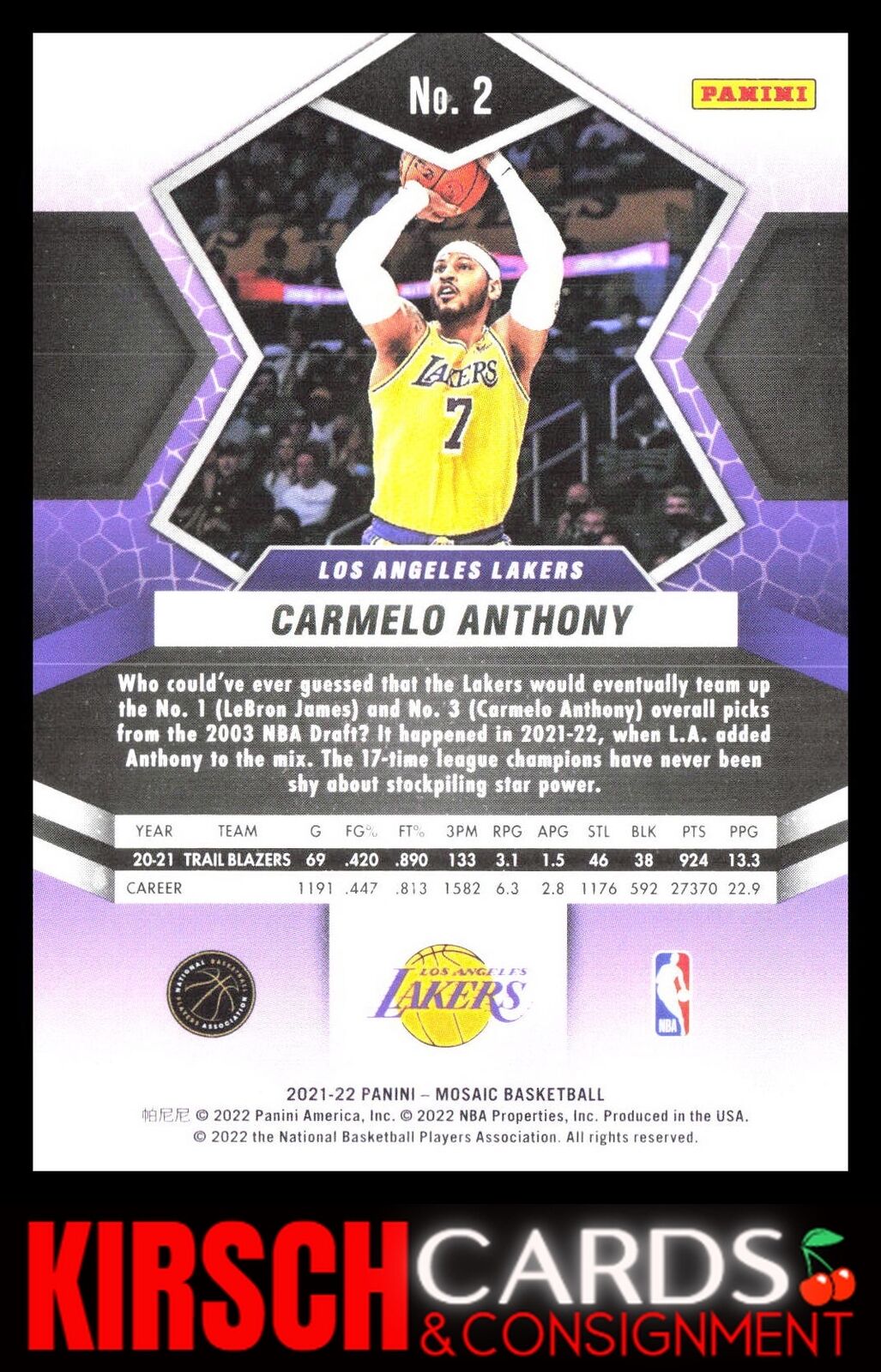 Carmelo Anthony 2021-22 Panini Mosaic #2 Los Angeles Lakers