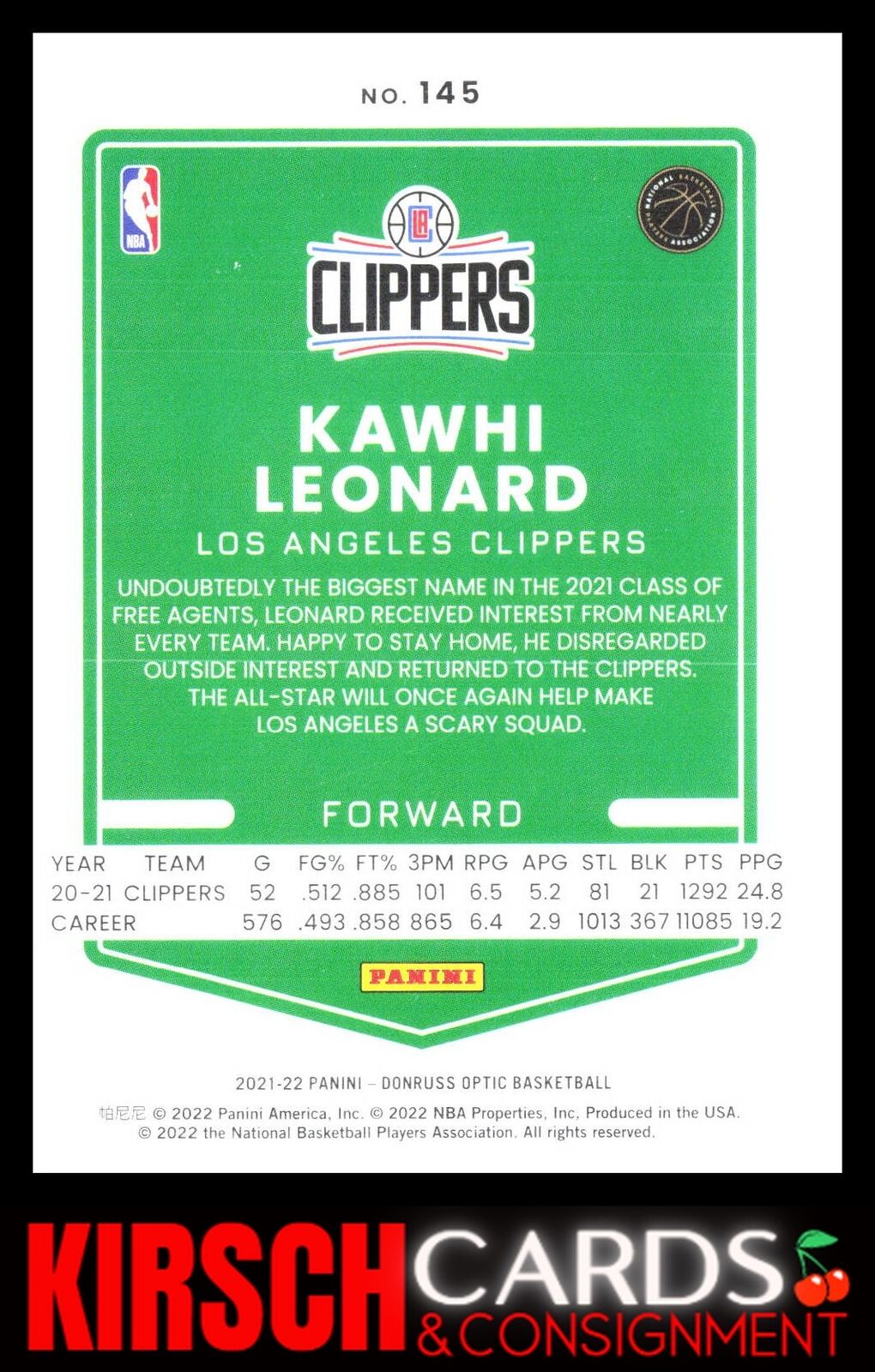 Kawhi Leonard 2021-22 Donruss Optic #145 Los Angeles Clippers