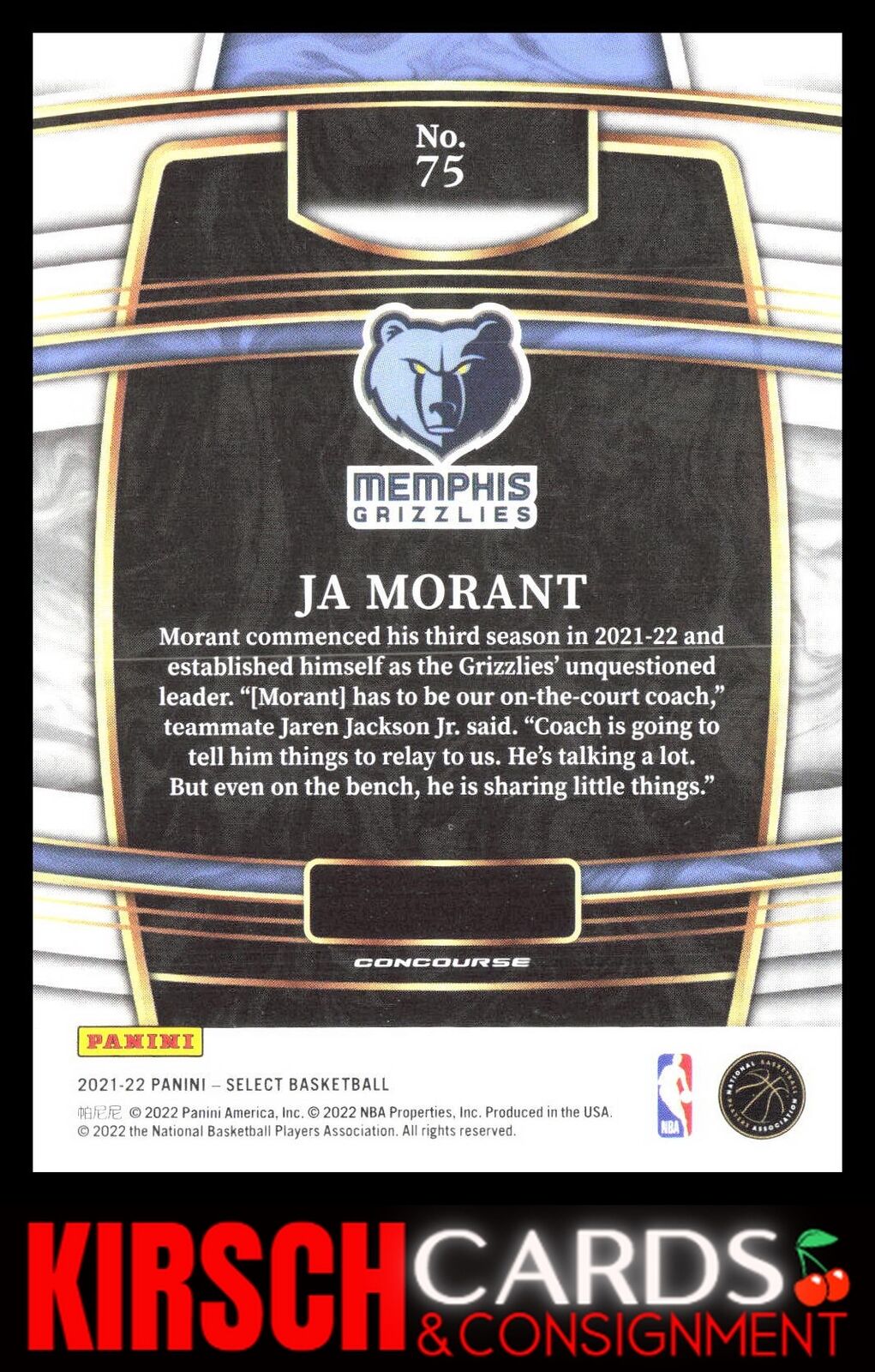 Ja Morant 2021-22 Panini Select #75 Blue (Retail Base) Memphis Grizzlies