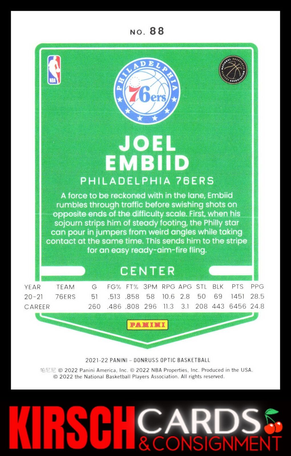 Joel Embiid 2021-22 Donruss Optic #88 Philadelphia 76ers