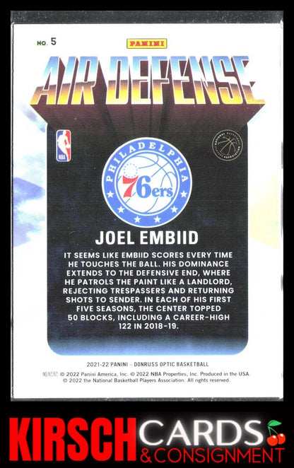 Joel Embiid 2021-22 Donruss Optic #5 Air Defense Philadelphia 76ers