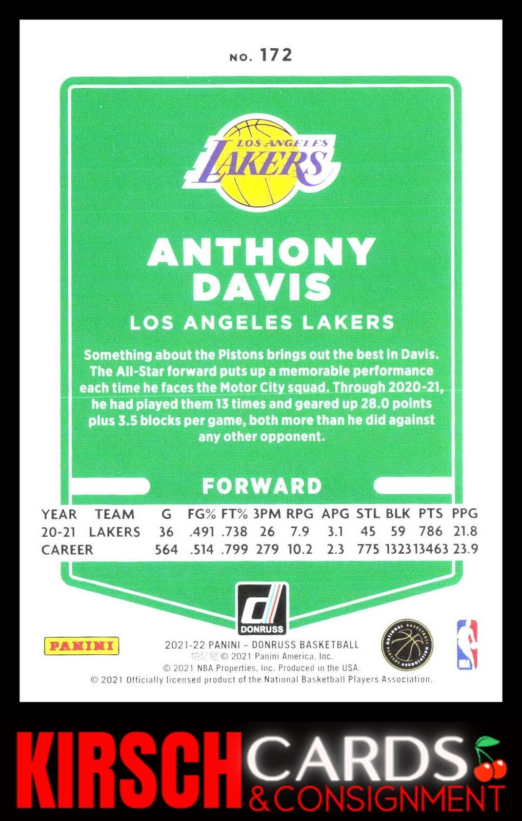 Anthony Davis 2021-22 Donruss #172 Los Angeles Lakers