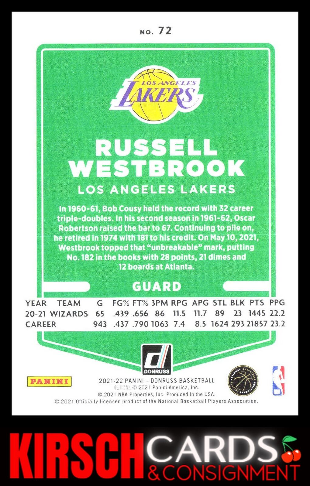 Russell Westbrook 2021-22 Donruss #72 Los Angeles Lakers