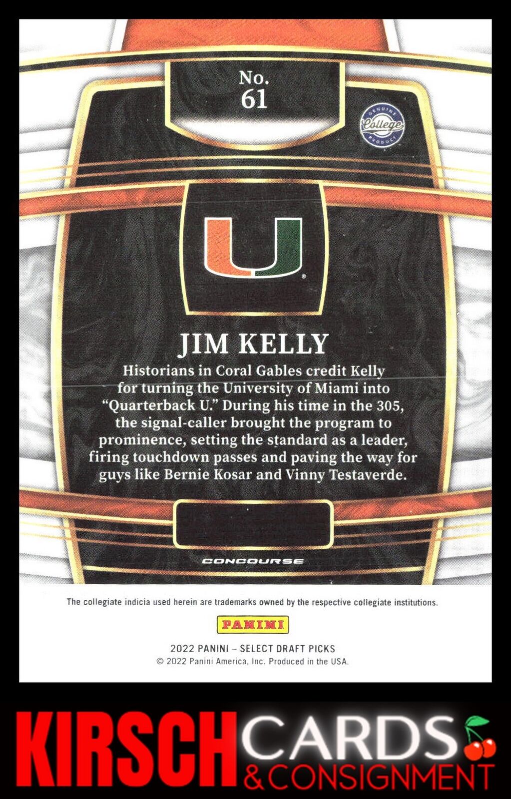 Jim Kelly 2022 Panini Select Draft Picks #61 Blue (Retail Base) Miami Hurricanes