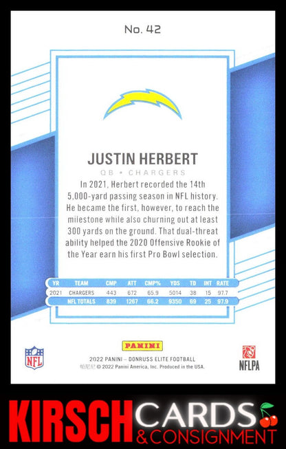 Justin Herbert 2022 Donruss Elite #42 Los Angeles Chargers