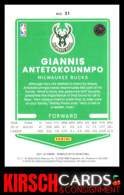 Giannis Antetokounmpo 2021-22 Donruss Optic #31 Milwaukee Bucks