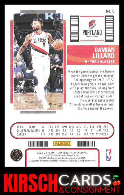 Damian Lillard 2022-23 Panini Contenders #6 Season Ticket Retail Portland