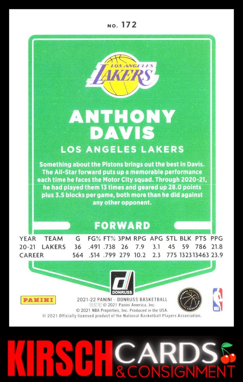 Anthony Davis 2021-22 Donruss #172 Los Angeles Lakers