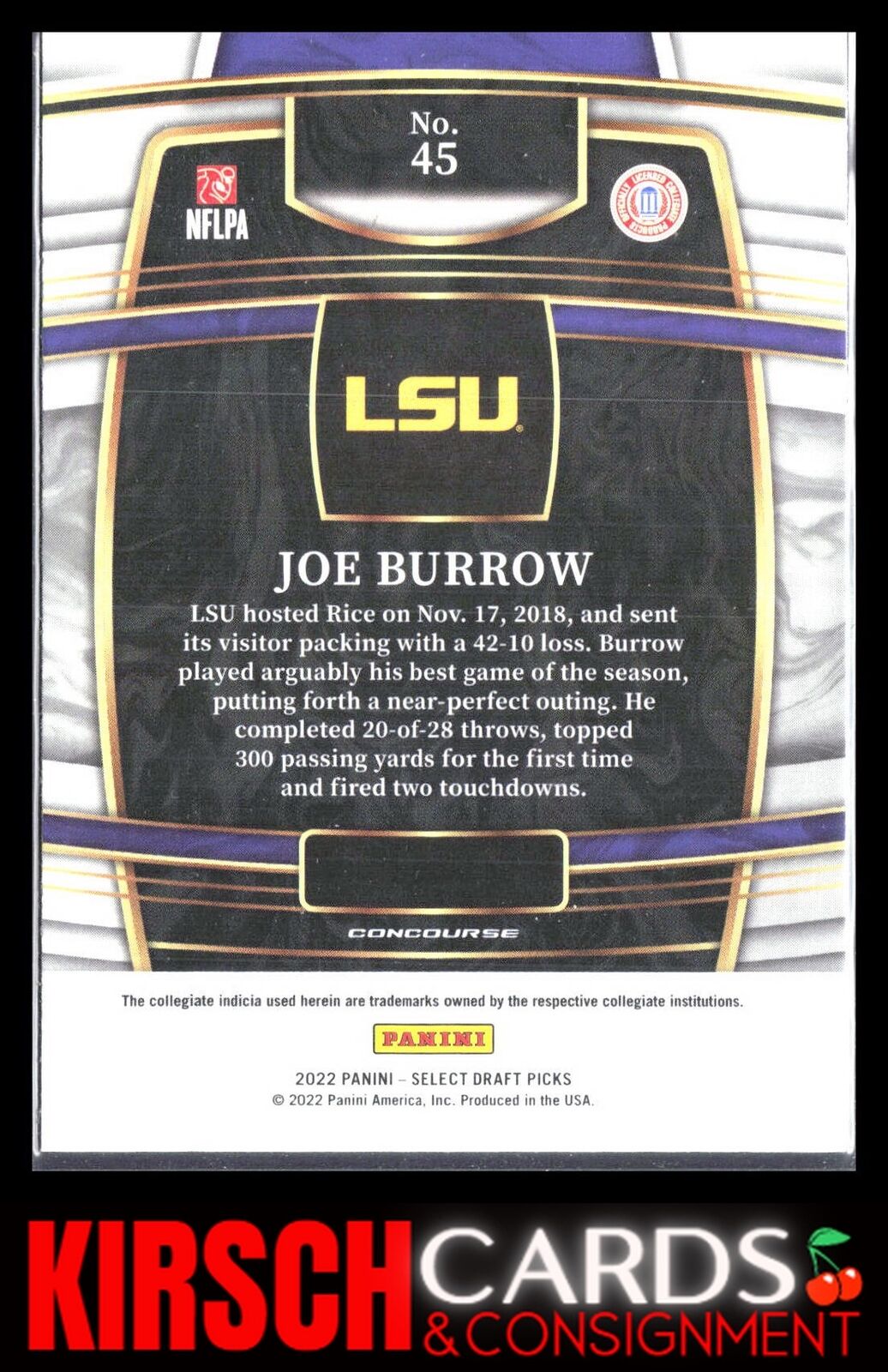 Joe Burrow 2022 Panini Select Draft Picks #45 LSU Tigers