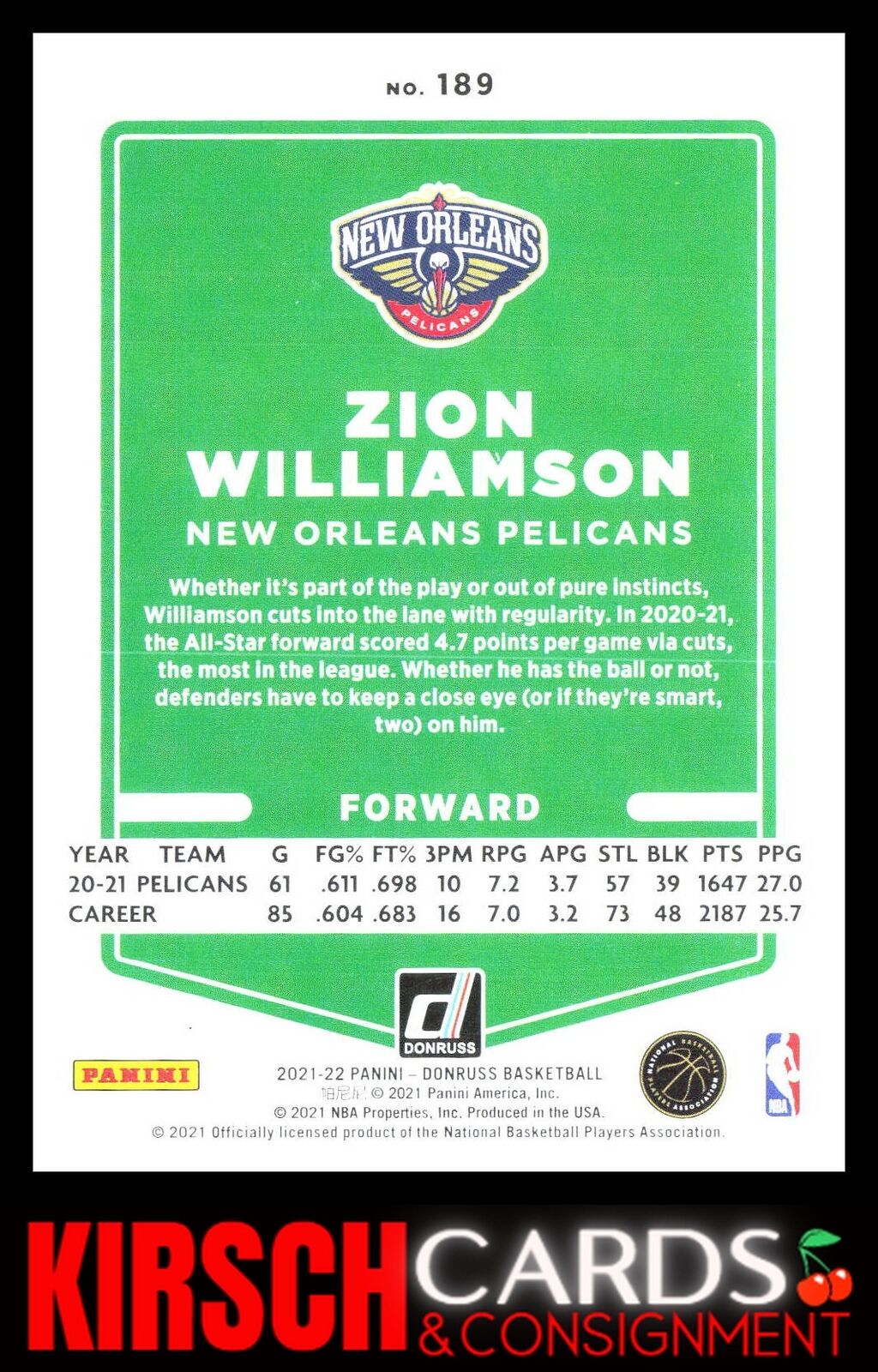 Zion Williamson 2021-22 Donruss #189 New Orleans Pelicans