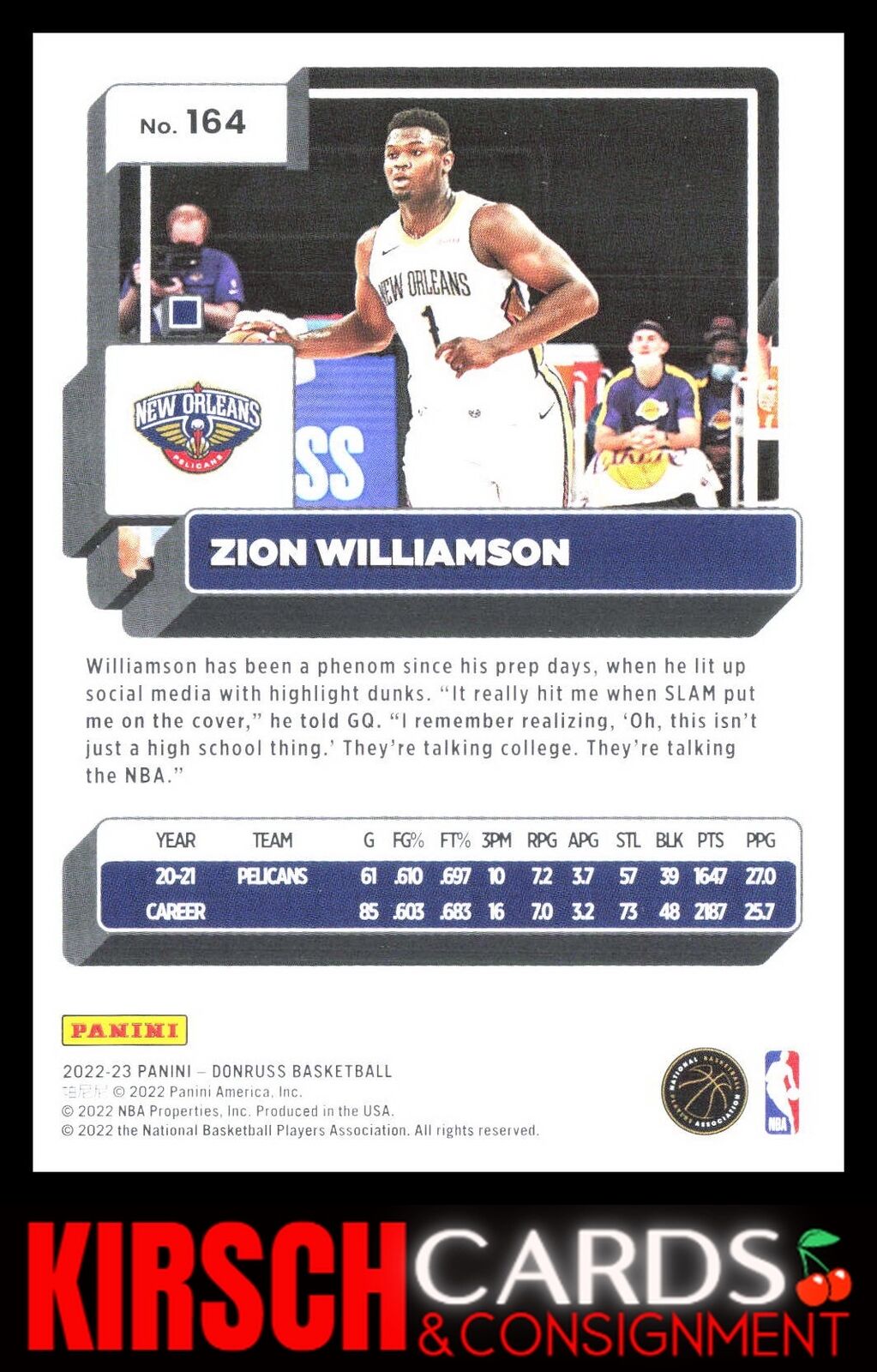 Zion Williamson 2022-23 Donruss #164 New Orleans Pelicans