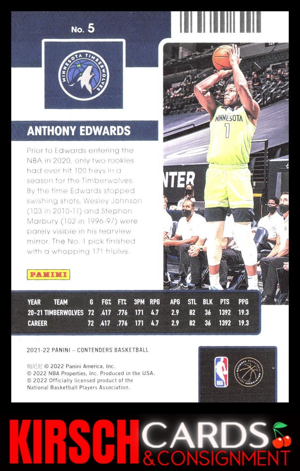 Anthony Edwards 2021-22 Panini Contenders #5 Minnesota Timberwolves