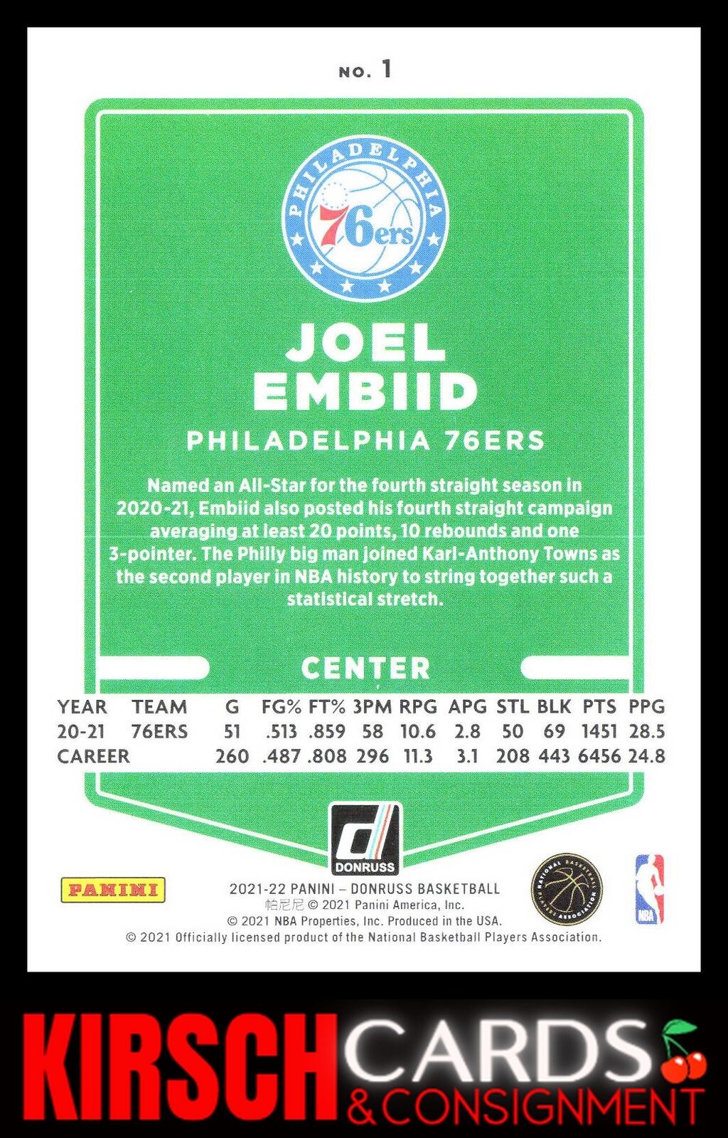 Joel Embiid 2021-22 Donruss #1 Philadelphia 76ers