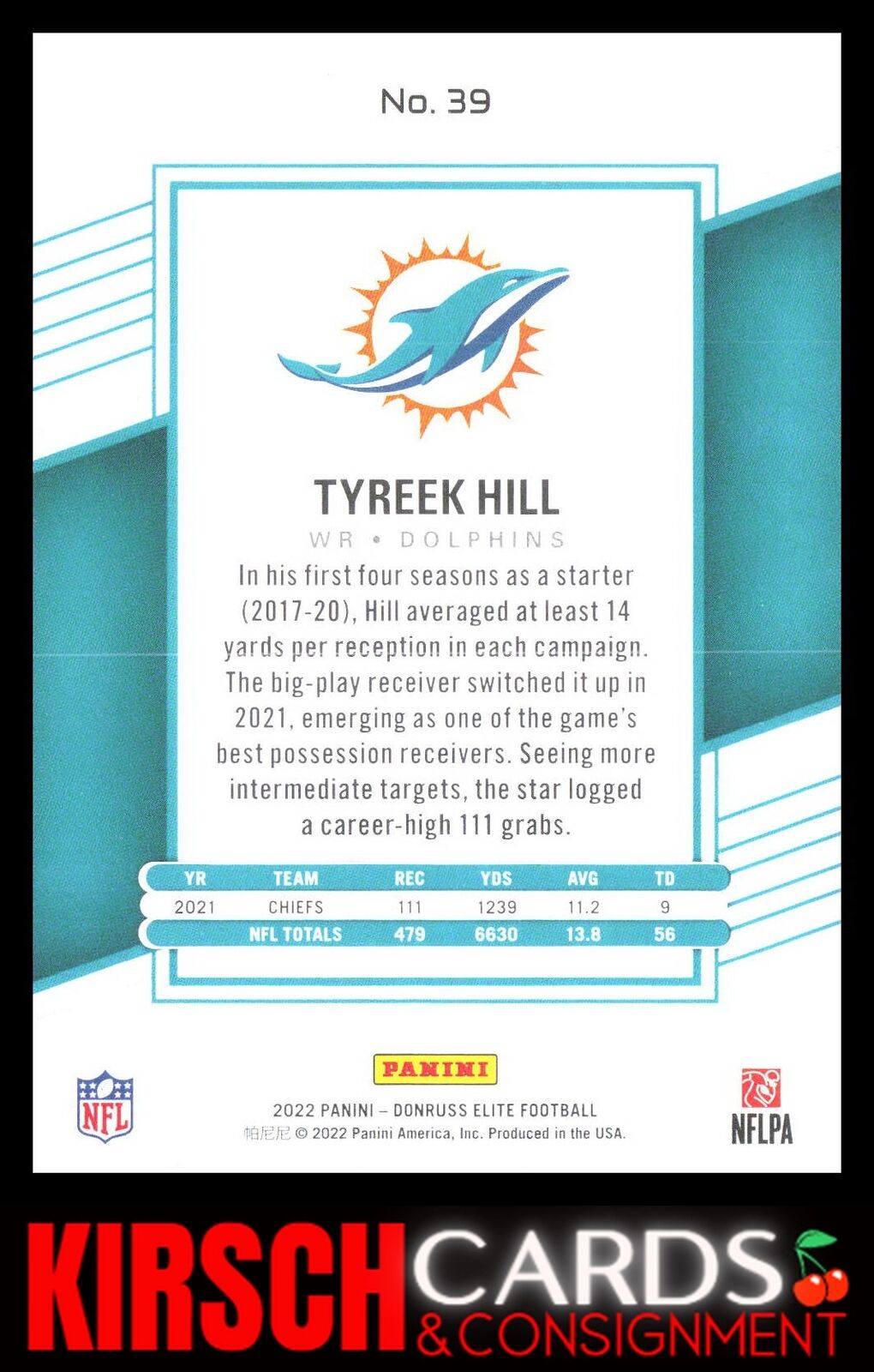 Tyreek Hill 2022 Donruss Elite #39 Miami Dolphins