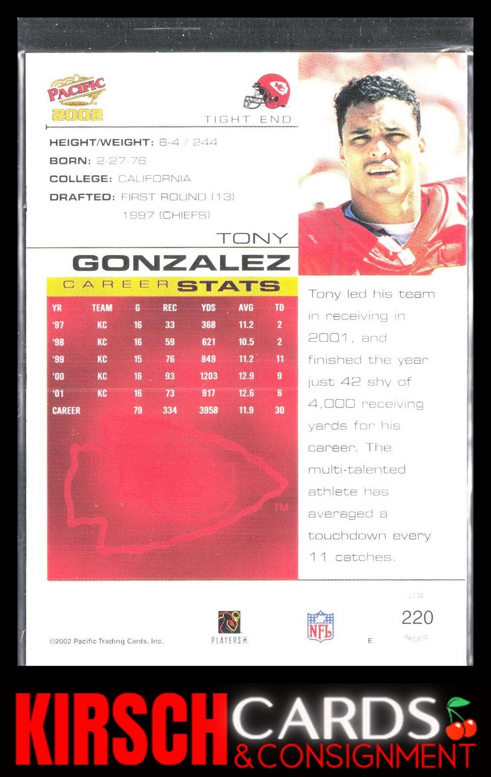 Tony Gonzalez 2002 Pacific #220 Kansas City Chiefs