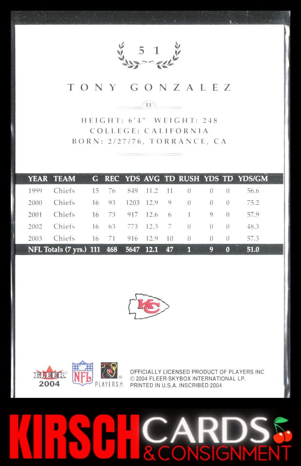 Tony Gonzalez 2004 Fleer Inscribed #51 Kansas City Chiefs