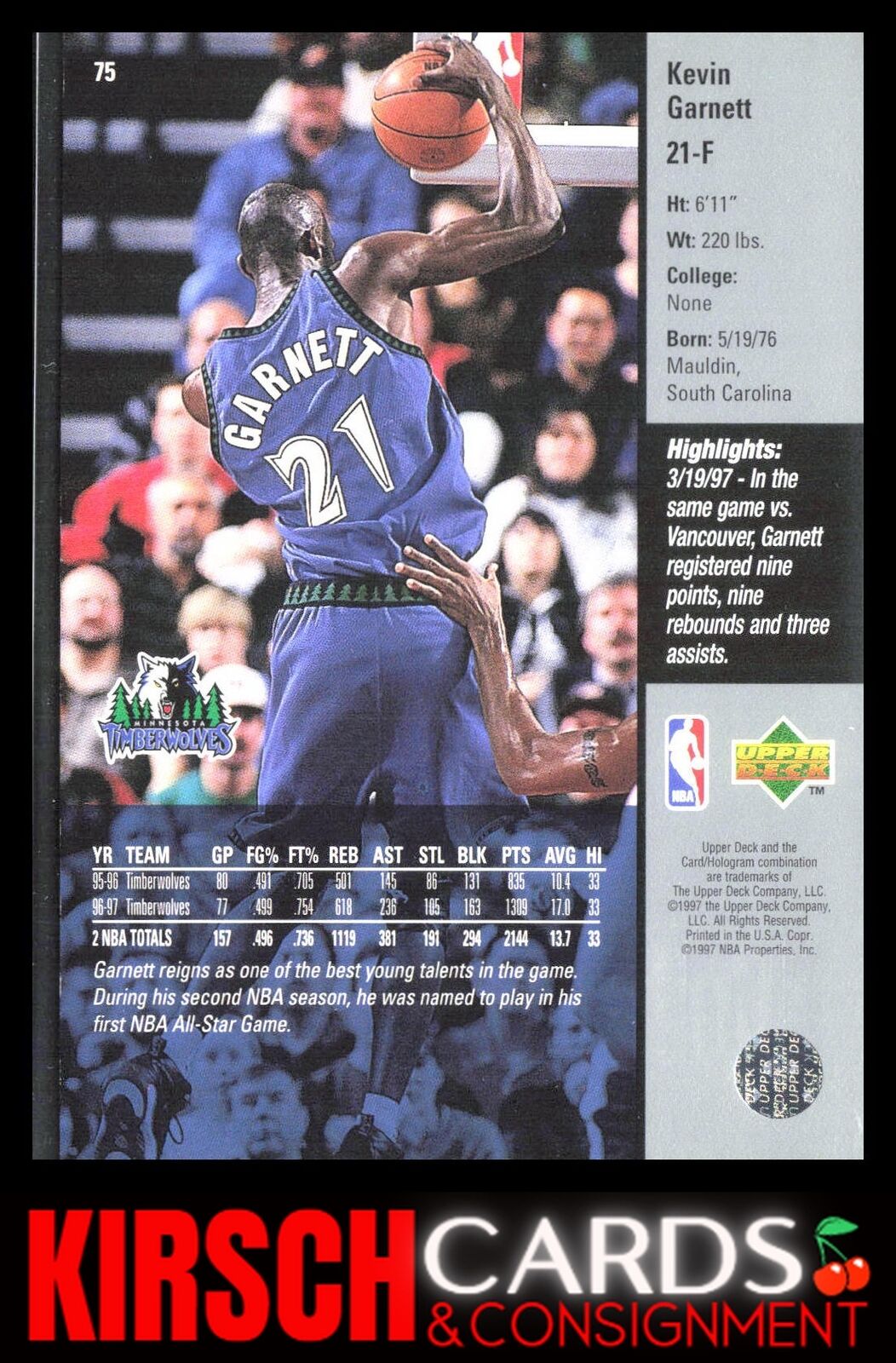 Kevin Garnett 1997-98 Upper Deck #75 Minnesota Timberwolves