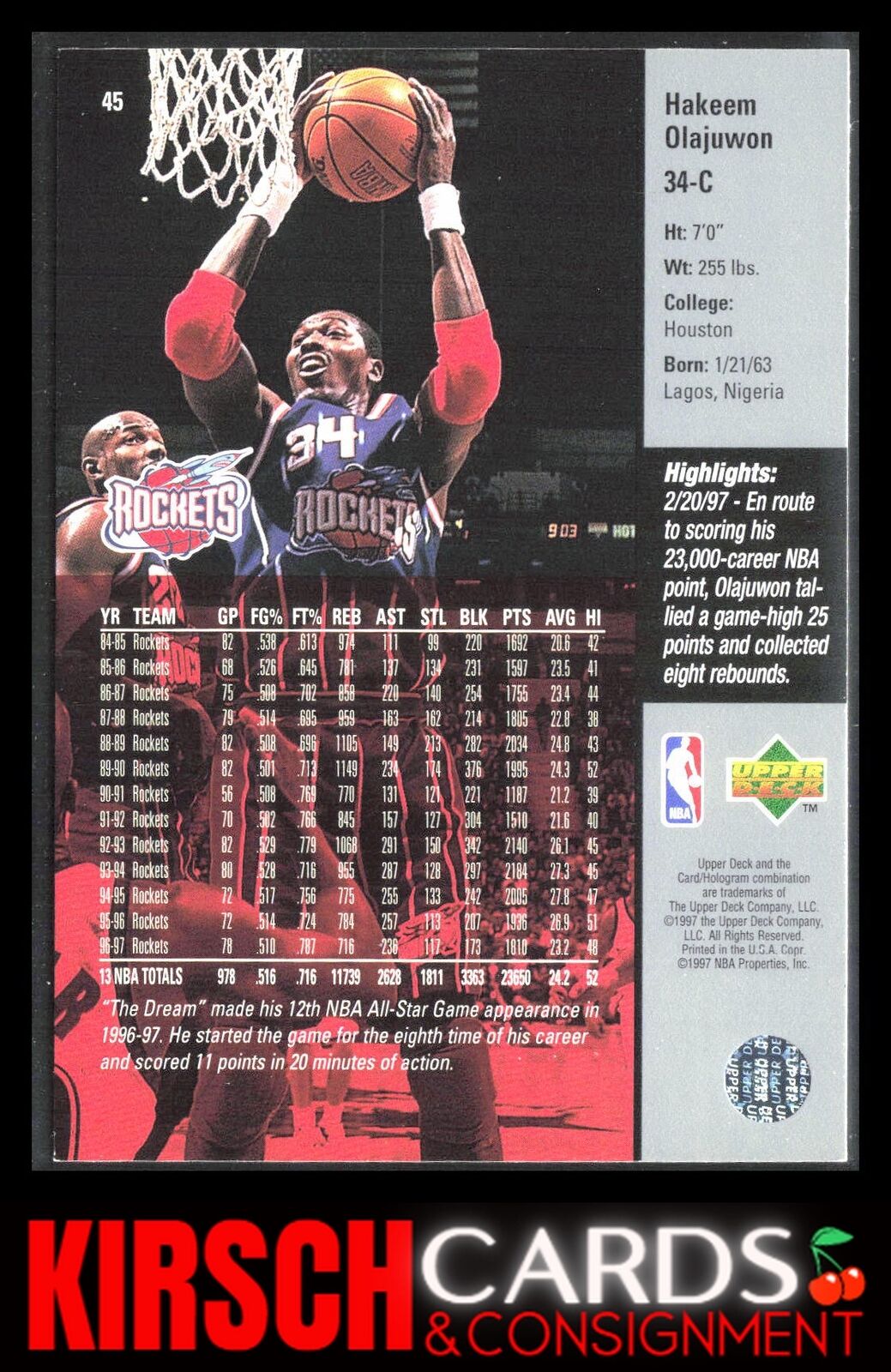 Hakeem Olajuwon 1997-98 Upper Deck #45 Game Dated Memorable Moments Houston