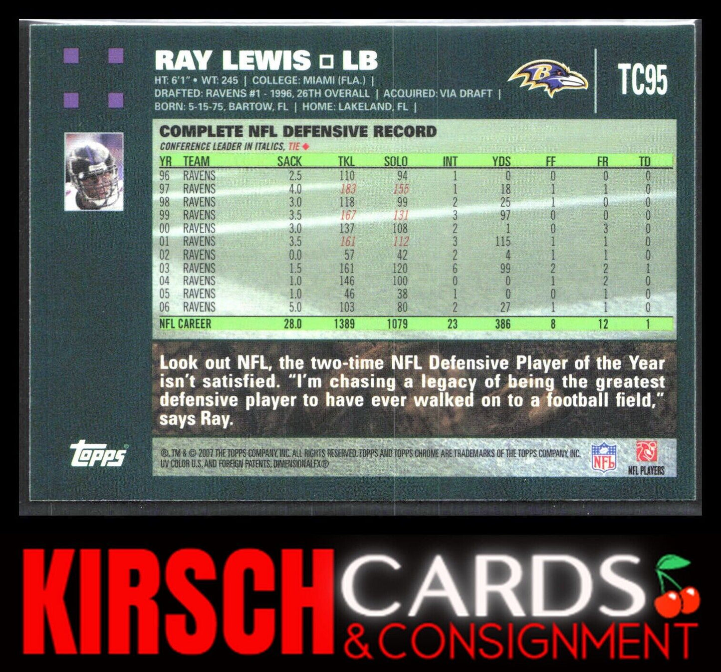 Ray Lewis 2007 Topps Chrome #TC95 Baltimore Ravens