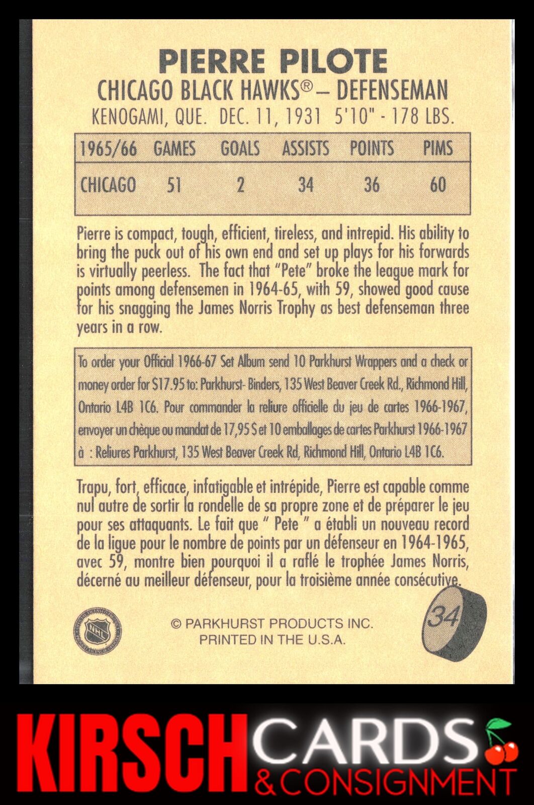 Pierre Pilote 1995-96 Parkhurst 1966-67 #34 Chicago Blackhawks