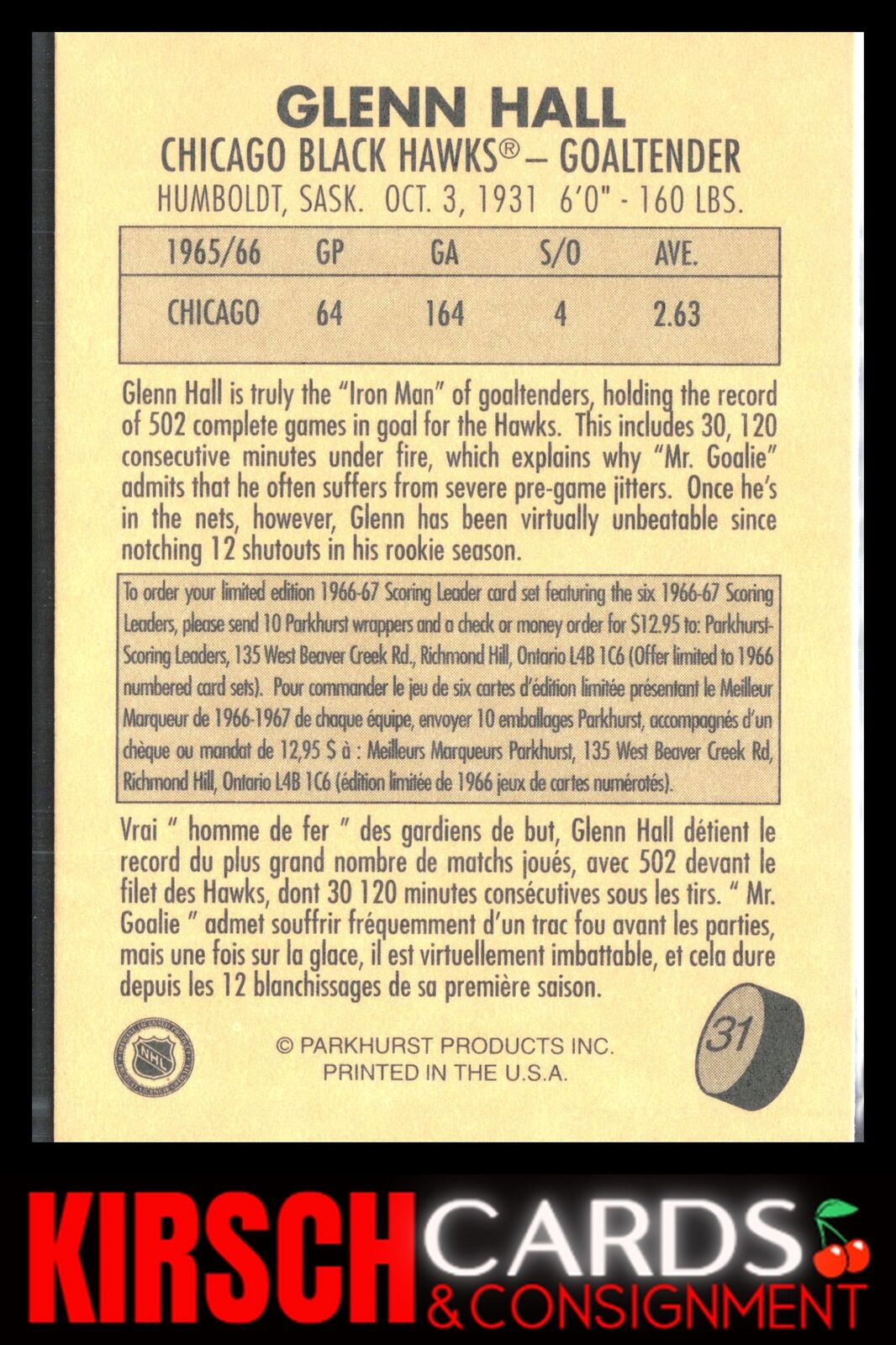 Glenn Hall 1995-96 Parkhurst 1966-67 #31 Chicago Blackhawks