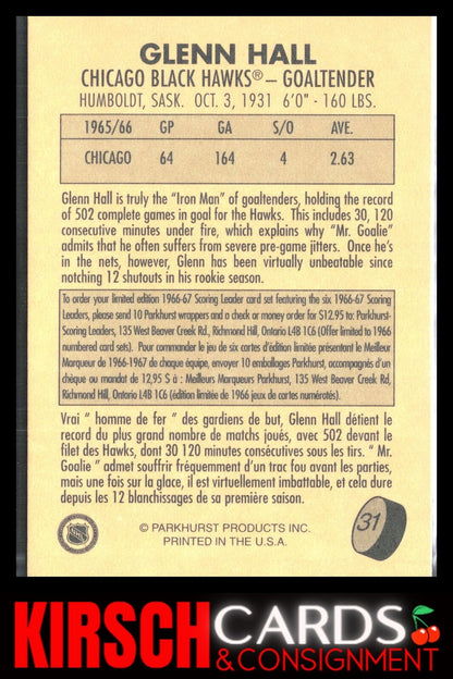 Glenn Hall 1995-96 Parkhurst 1966-67 #31 Chicago Blackhawks