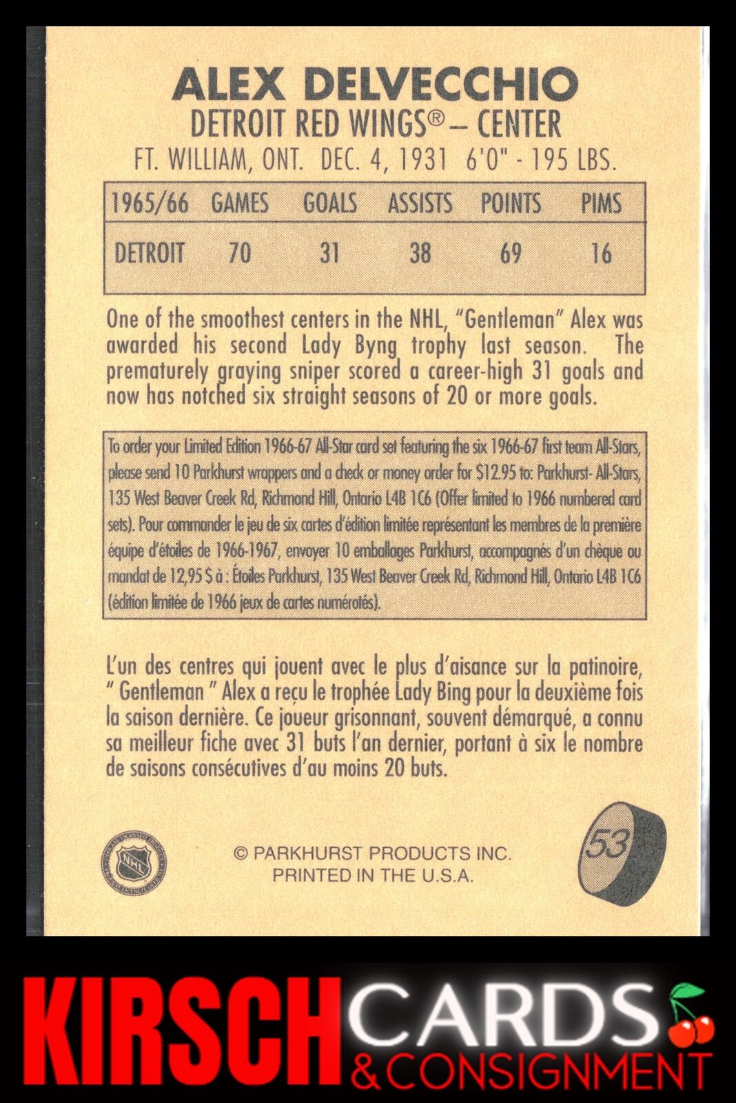 Alex Delvecchio 1995-96 Parkhurst 1966-67 #53 Detroit Red Wings