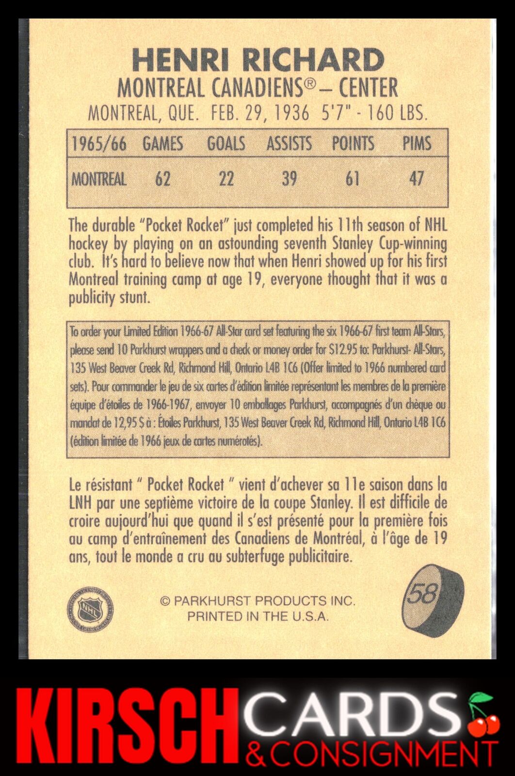 Henri Richard 1995-96 Parkhurst 1966-67 #58 Montreal Canadiens