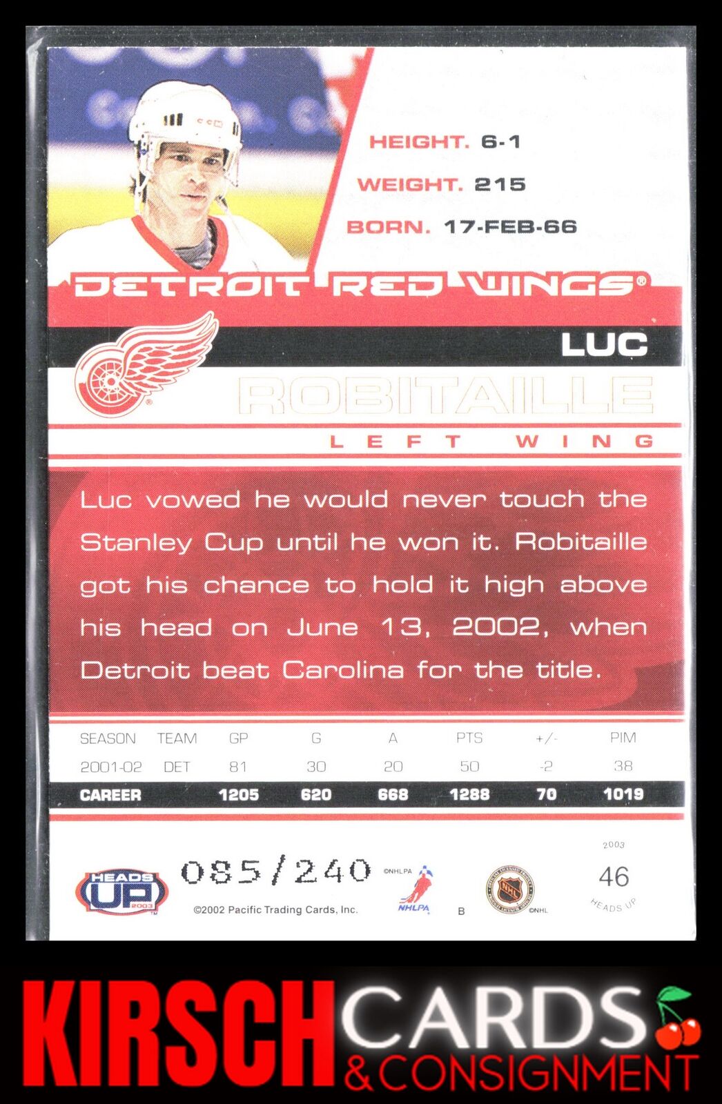 Luc Robitaille 2002-03 Pacific Heads Up #46 Blue #/240 Detroit Red Wings