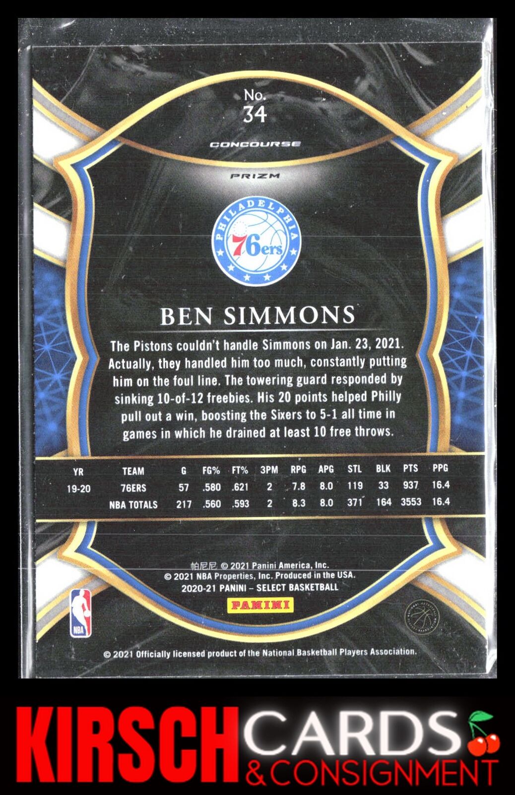 Ben Simmons 2020 2020-21 Panini Select #34 Red White Blue Prizms