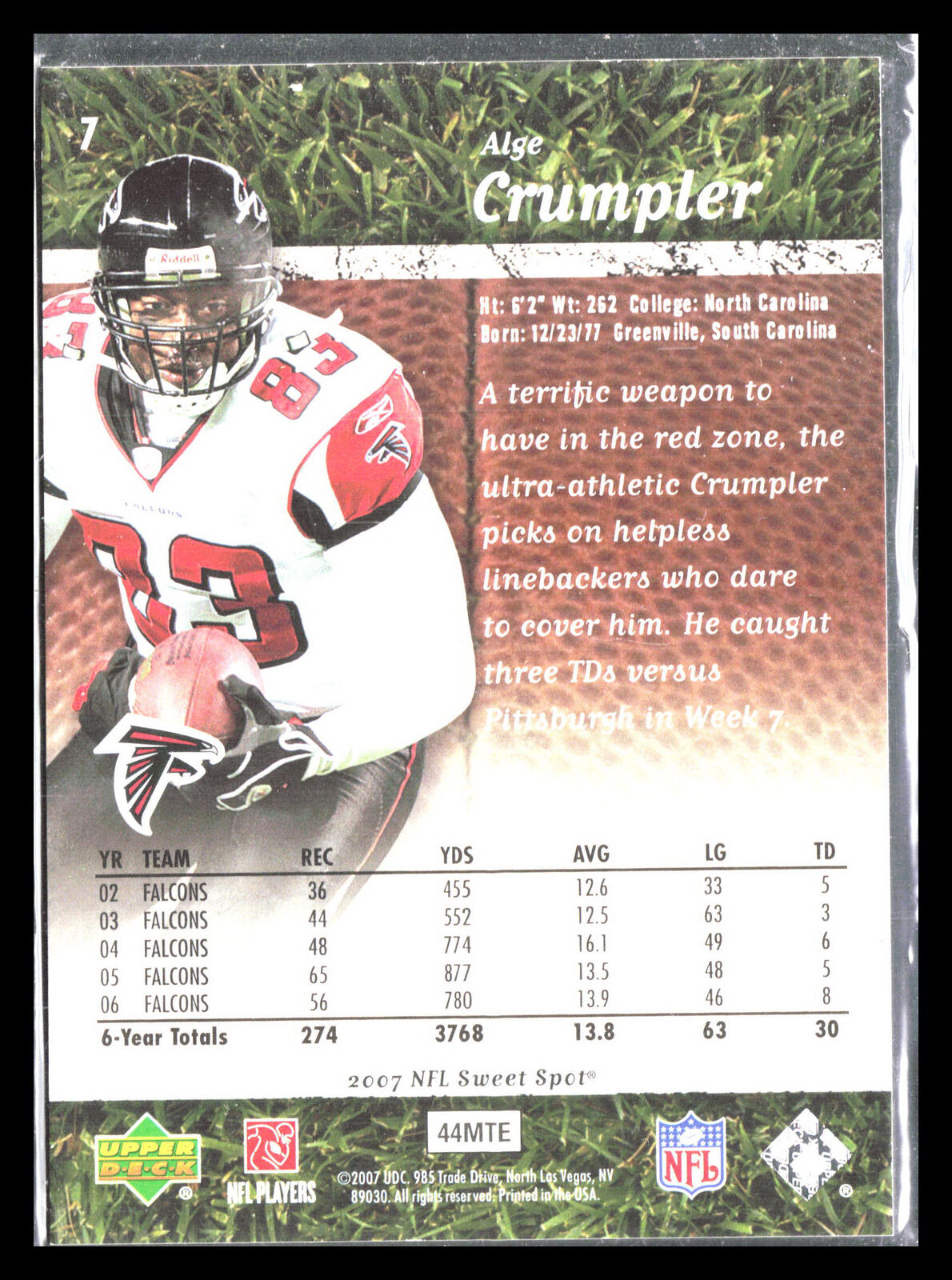 Alge Crumpler 2007 Upper Deck Sweet Spot #7    Atlanta Falcons