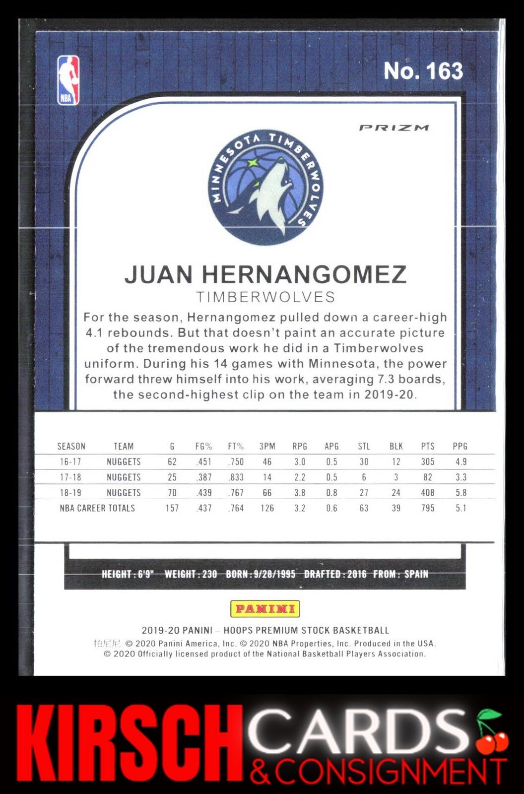 Juan Hernangomez 2019 2019-20 Hoops Premium Stock #163 Prizms Flash Minnesota