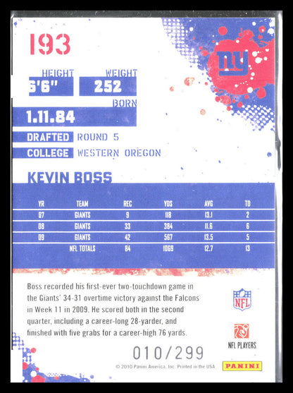 Kevin Boss 2010 Score #193    New York Giants