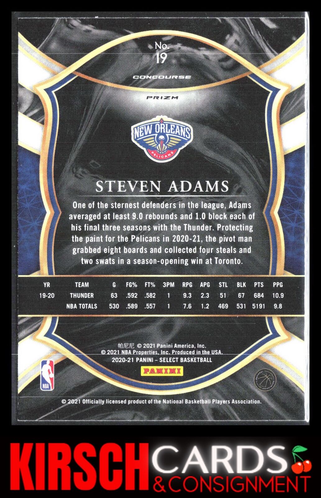 Steven Adams 2020 2020-21 Panini Select #19 Blue Prizms New Orleans Pelicans