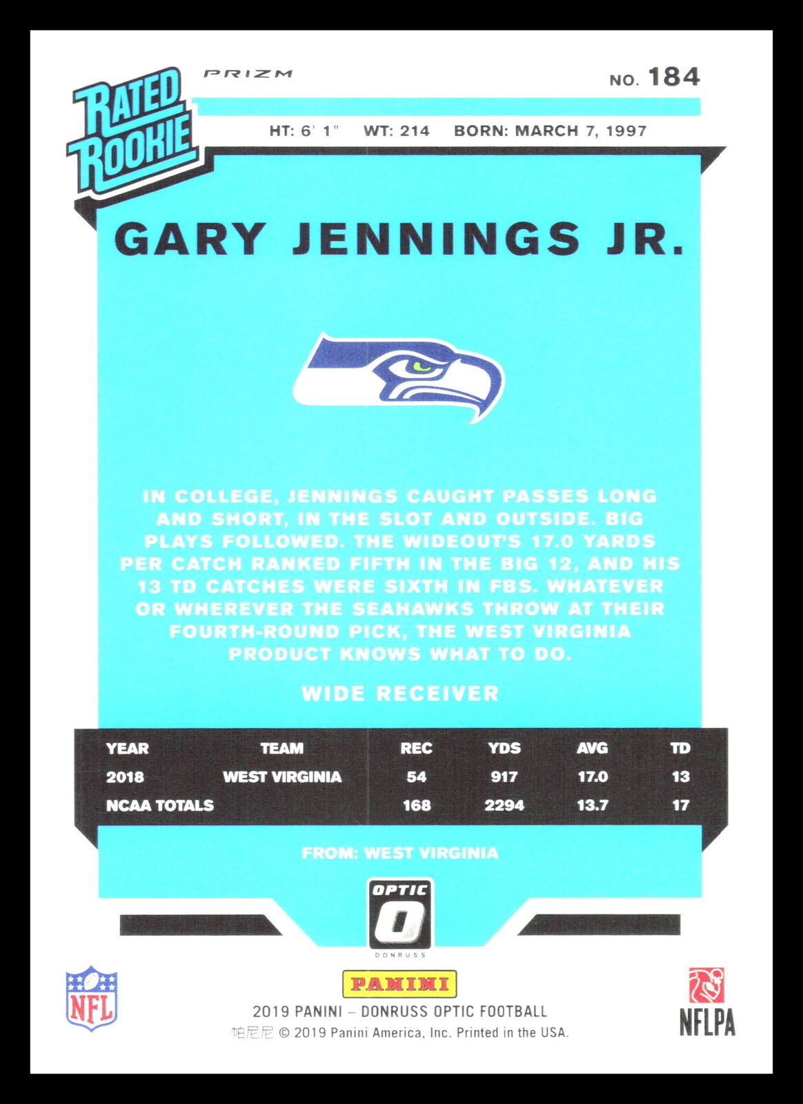 Gary Jennings Jr. 2019 Donruss Optic #184    Seattle Seahawks