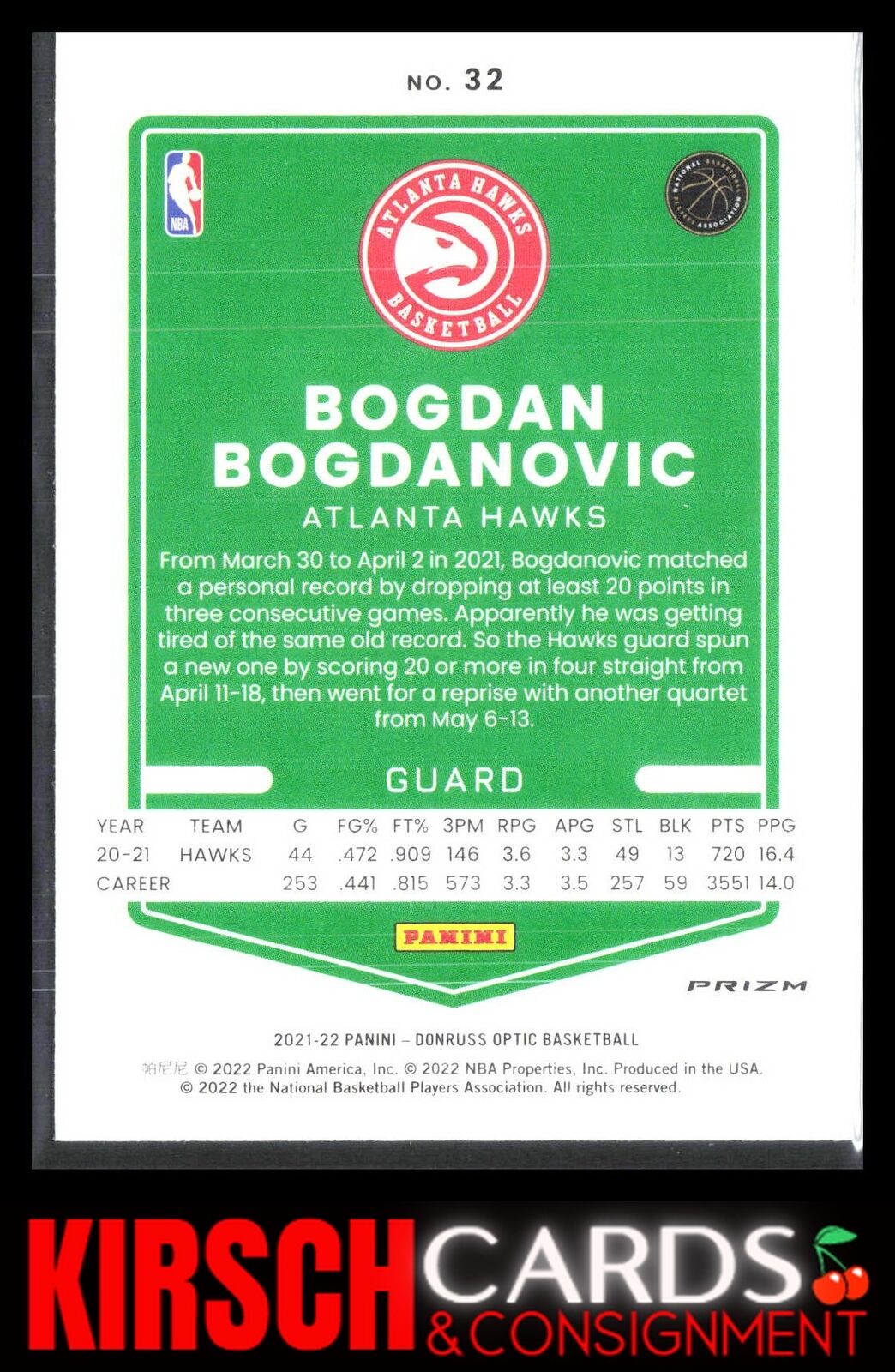 Bogdan Bogdanovic 2021 2021-22 Donruss Optic #32 Purple Atlanta Hawks