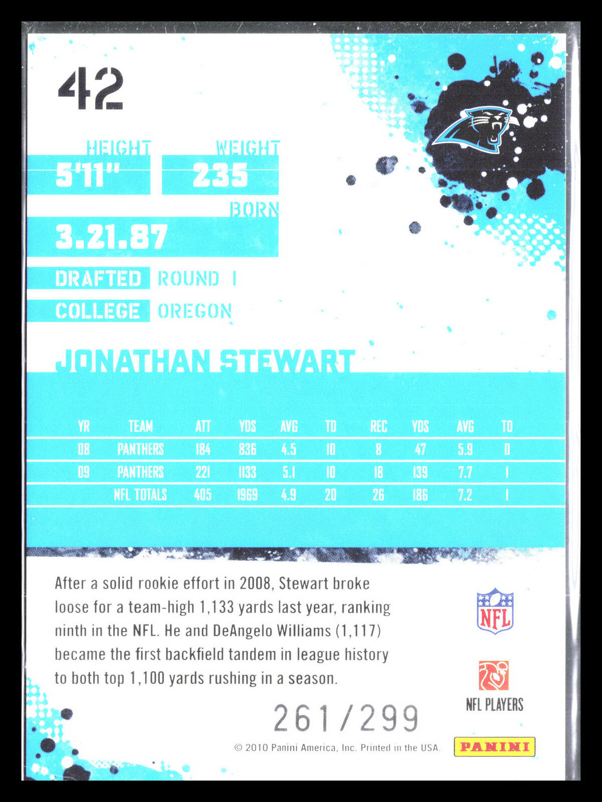 Jonathan Stewart 2010 Score #42    Carolina Panthers