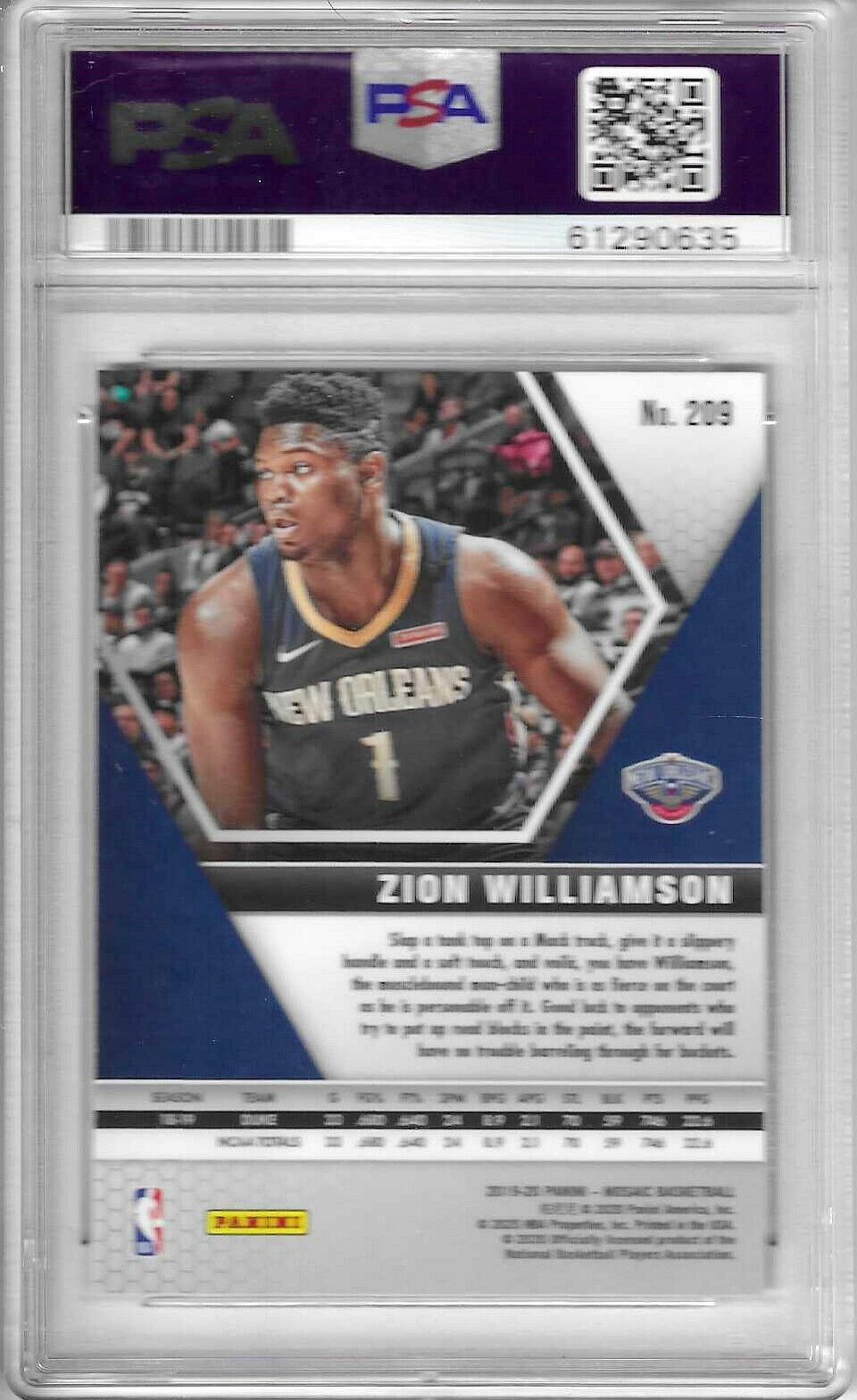 2019-20 Mosaic Zion Williamson RC #209 PSA 10 GEM Mint Pelicans Rookie Card