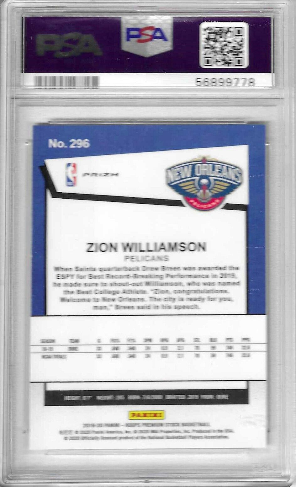 2019-20 NBA Hoops Premium Stock ZION WILLIAMSON #296 Rookie PULSAR - PSA 10