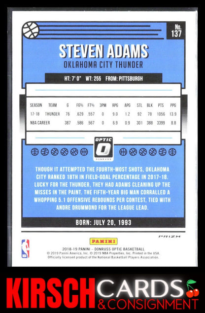 Steven Adams 2018 2018-19 Donruss Optic #137 Blue Velocity Oklahoma City Thunder