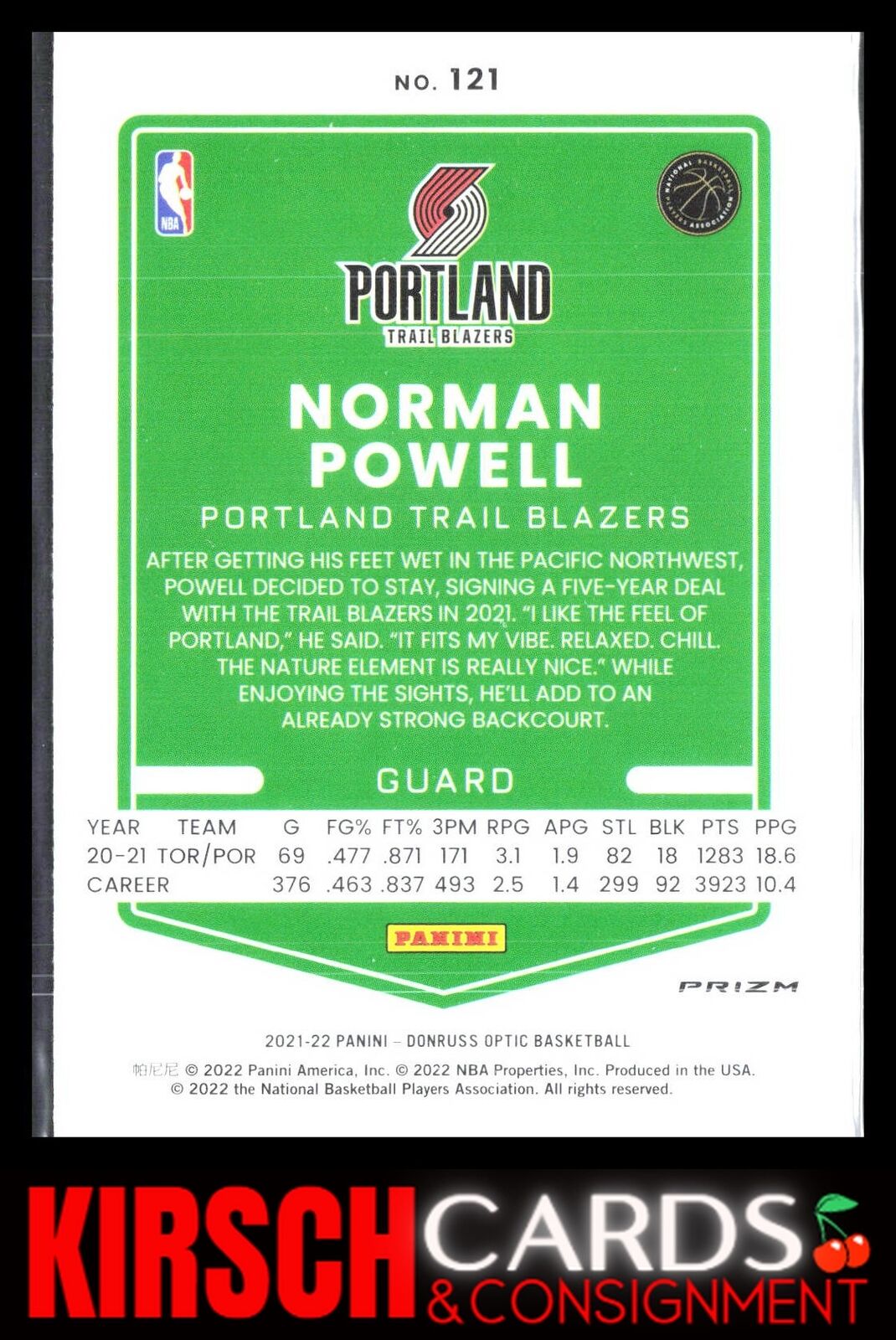 Norman Powell 2021 2021-22 Donruss Optic #121 Blue Velocity Portland