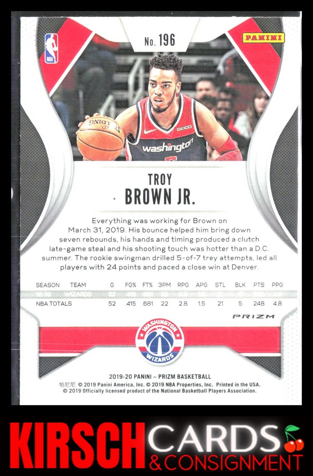 Troy Brown Jr. 2019 2019-20 Panini Prizm #196 Prizms Green Washington Wizards